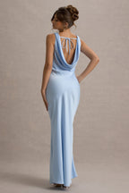 Powder Blue Satin Cowl Neck Maxi Dress – Elegant Wedding Guest Evening Gown