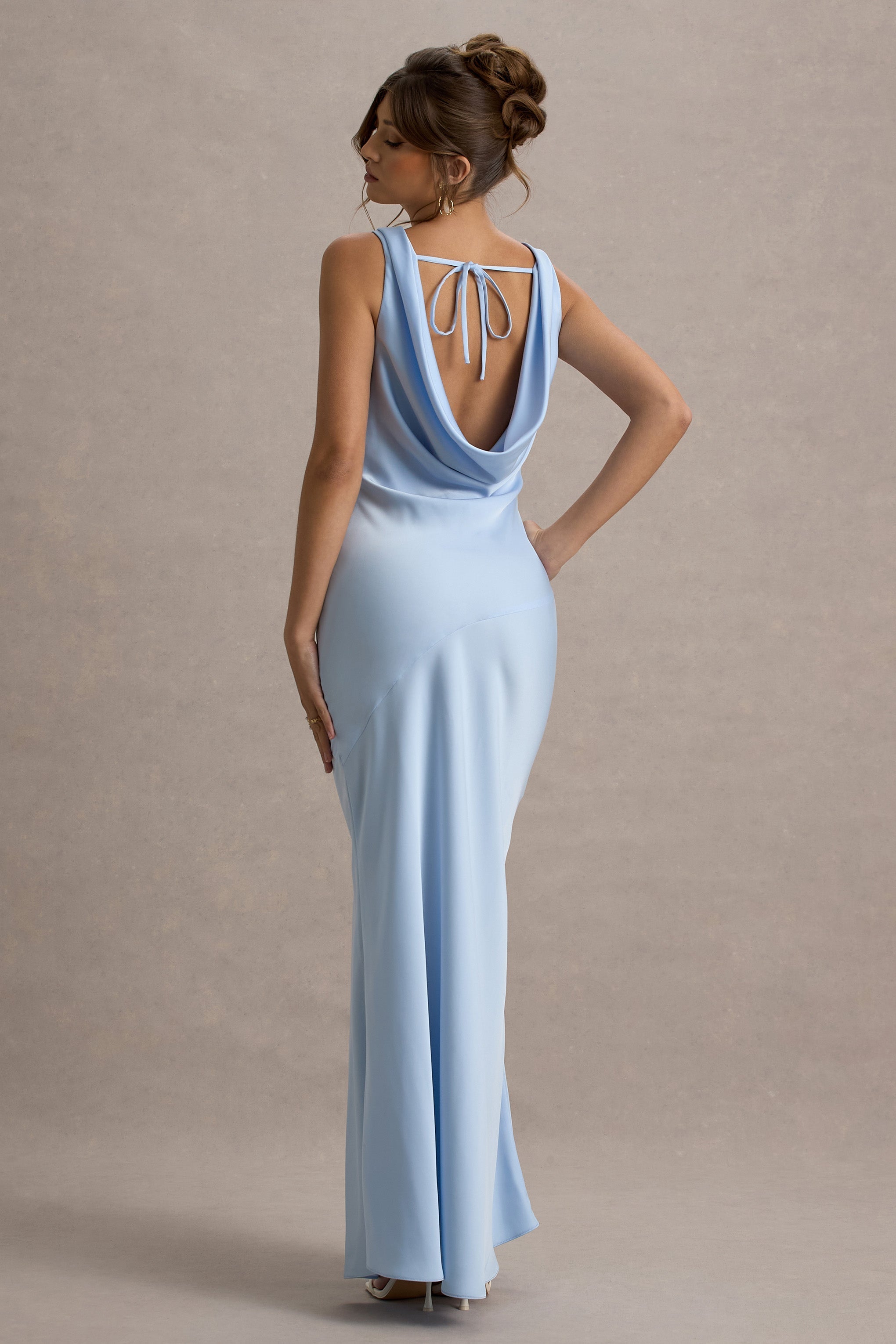 Powder Blue Satin Cowl Neck Maxi Dress – Elegant Wedding Guest Evening Gown