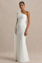 White Asymmetric Cape Sleeve Maxi Dress – Glamorous Wedding Guest Evening Gown