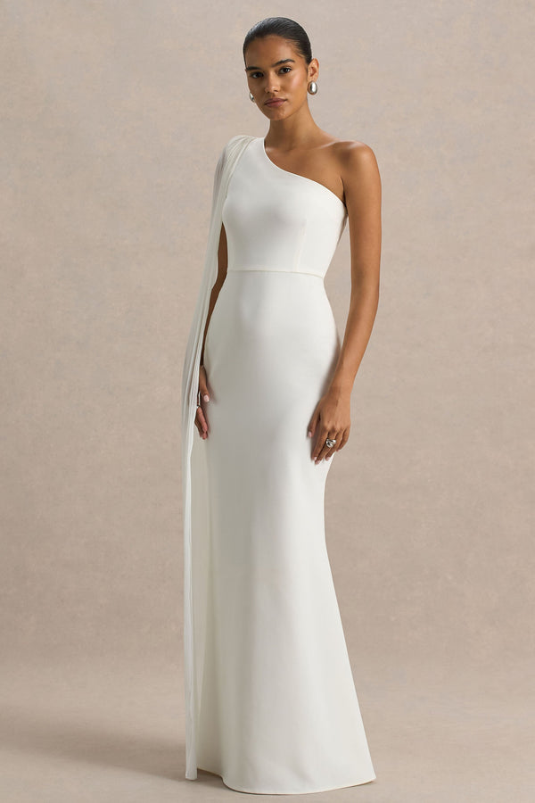 White Asymmetric Cape Sleeve Maxi Dress – Glamorous Wedding Guest Evening Gown