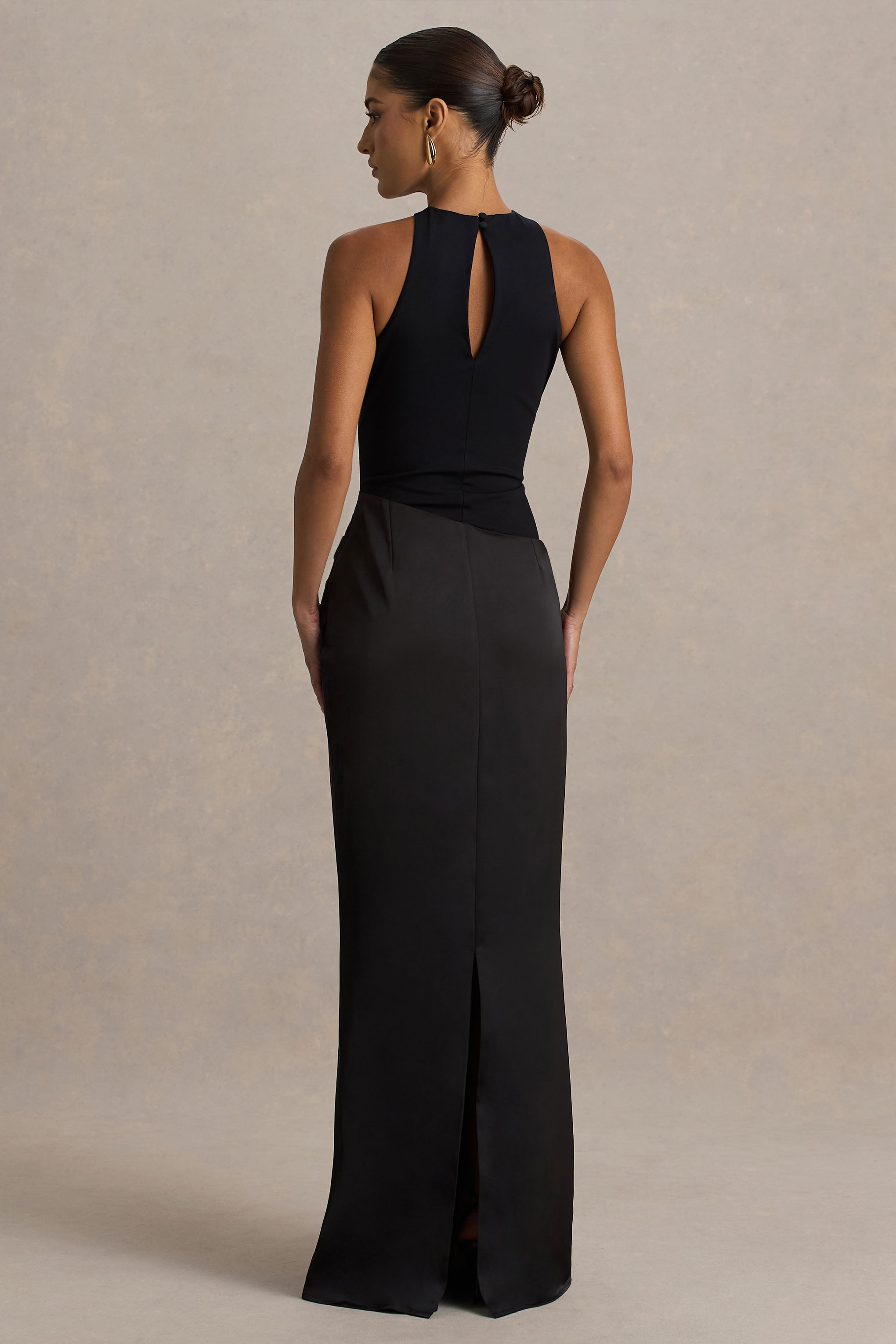 Black Jersey Satin Round Neck Asymmetric Waist Maxi Dress – Glamorous Wedding Guest Evening Gown