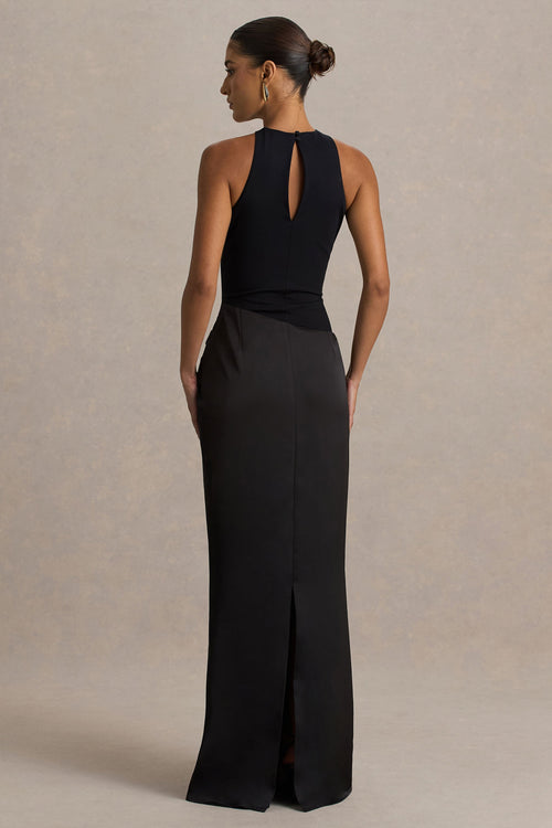 Zwarte Jersey Satijnen Maxi Jurk met Ronde Hals en Asymmetrische Taille – Glamoureuze Avondjurk voor Bruiloftsgasten