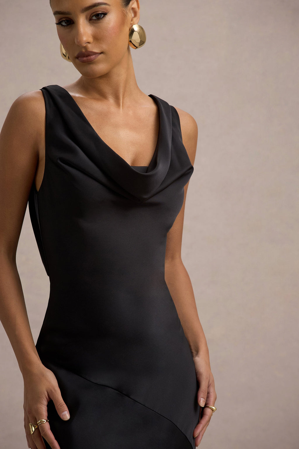 Black Satin Cowl Neck Maxi Dress – Glamorous Wedding Guest Evening Gown
