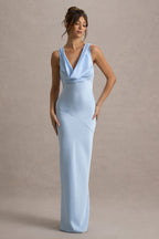 Powder Blue Satin Cowl Neck Maxi Dress – Elegant Wedding Guest Evening Gown