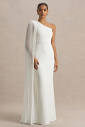 White Asymmetric Cape Sleeve Maxi Dress – Glamorous Wedding Guest Evening Gown