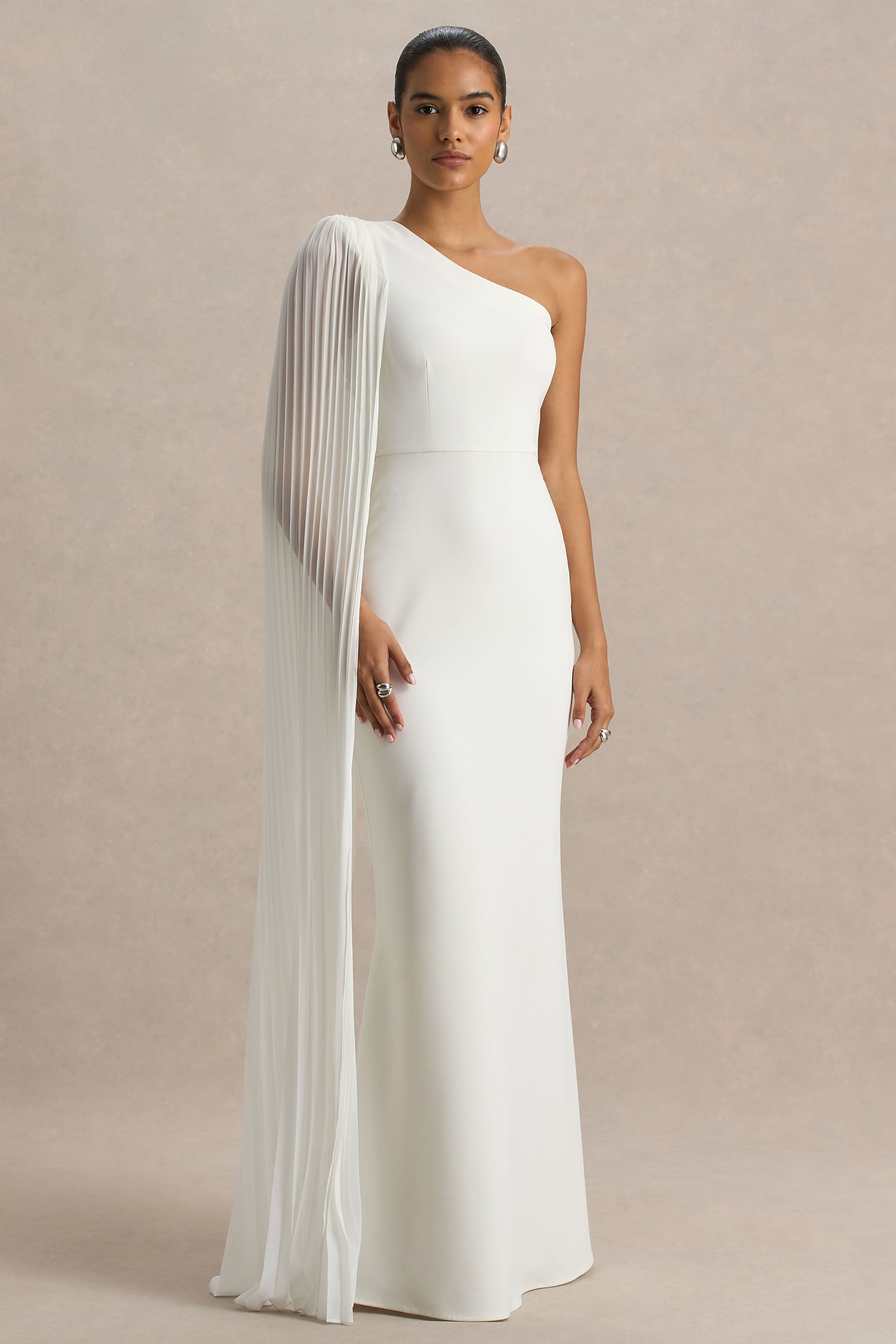 White Asymmetric Cape Sleeve Maxi Dress – Glamorous Wedding Guest Evening Gown