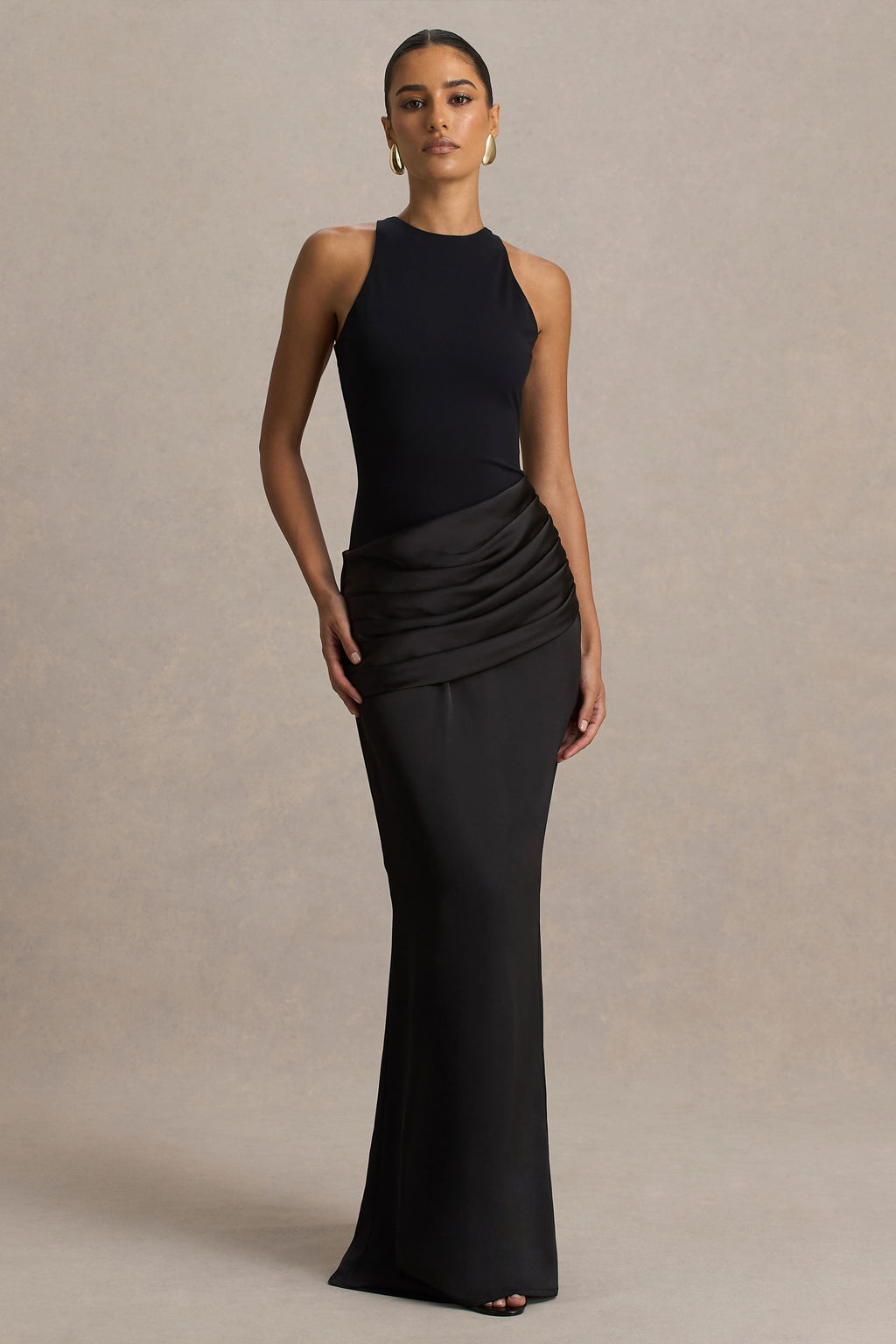 Black Jersey Satin Round Neck Asymmetric Waist Maxi Dress – Glamorous Wedding Guest Evening Gown