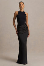 Black Jersey Satin Round Neck Asymmetric Waist Maxi Dress – Glamorous Wedding Guest Evening Gown