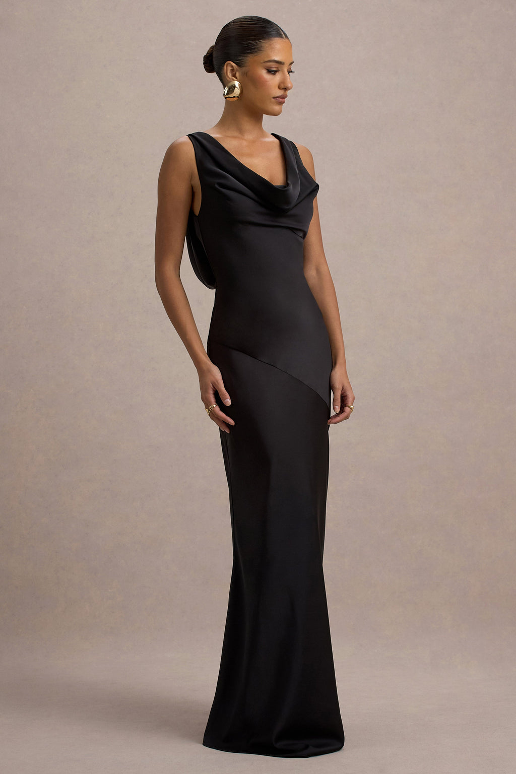 Black Satin Cowl Neck Maxi Dress – Glamorous Wedding Guest Evening Gown