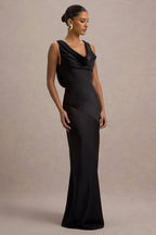 Black Satin Cowl Neck Maxi Dress – Glamorous Wedding Guest Evening Gown