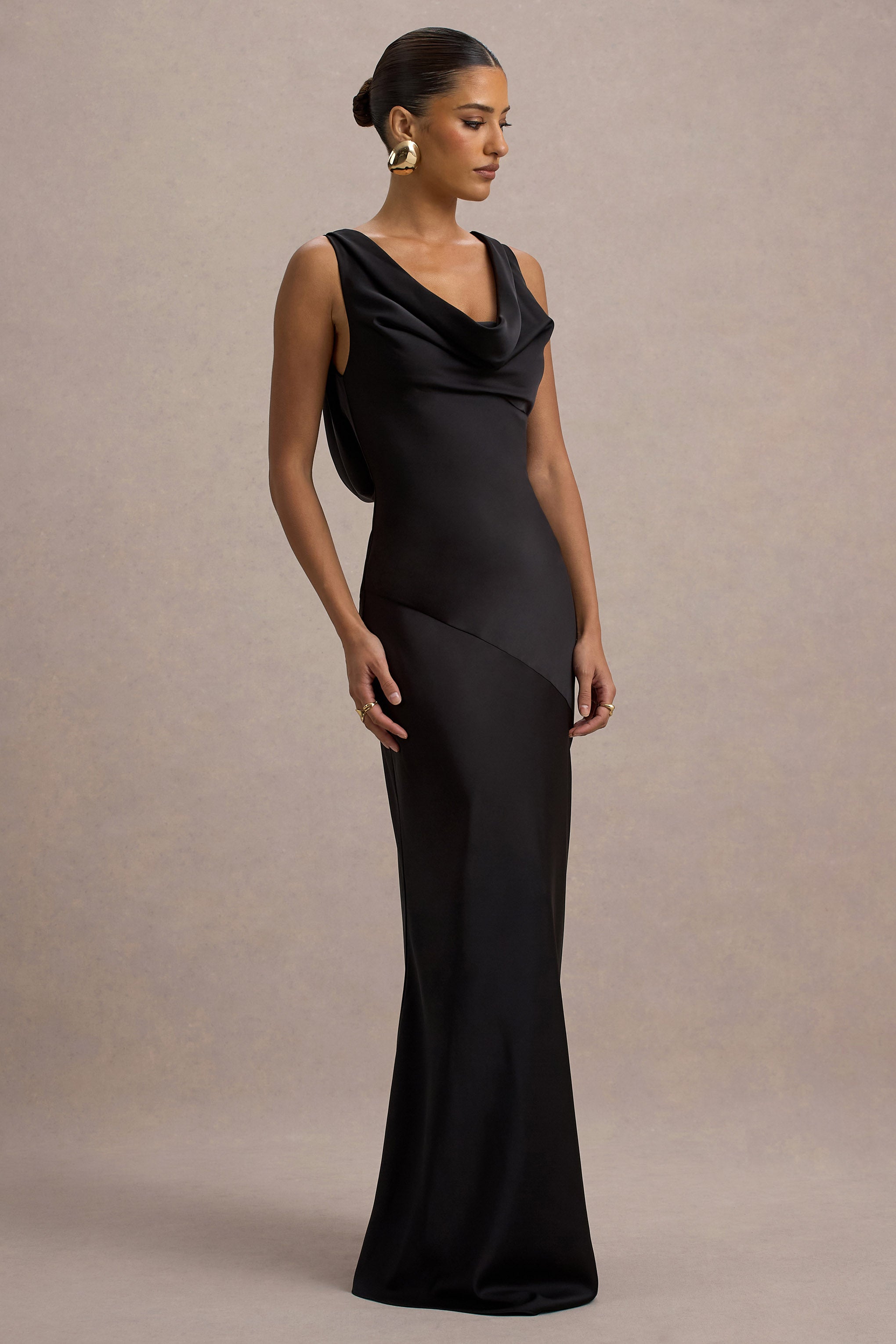 Black Satin Cowl Neck Maxi Dress – Glamorous Wedding Guest Evening Gown