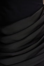 Black Jersey Satin Round Neck Asymmetric Waist Maxi Dress – Glamorous Wedding Guest Evening Gown