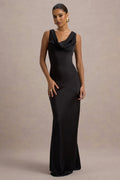 Black Satin Cowl Neck Maxi Dress – Glamorous Wedding Guest Evening Gown