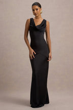 Black Satin Cowl Neck Maxi Dress – Glamorous Wedding Guest Evening Gown