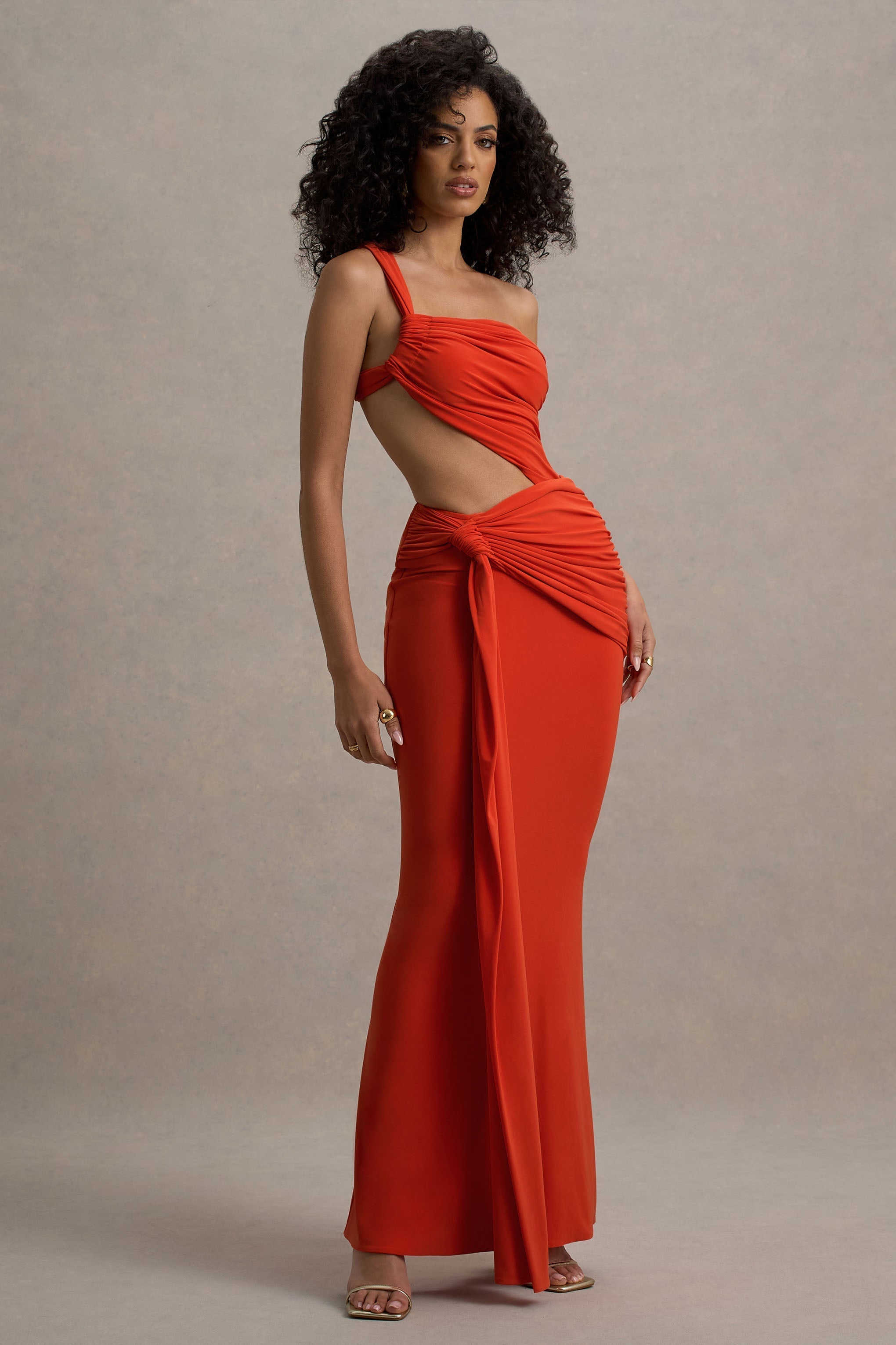 Orange Asymmetric Neckline Wrap Skirt Maxi Dress – Luxury Holiday Evening Gown