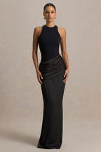 Black Jersey Satin Round Neck Asymmetric Waist Maxi Dress – Glamorous Wedding Guest Evening Gown