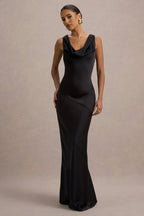 Black Satin Cowl Neck Maxi Dress – Glamorous Wedding Guest Evening Gown