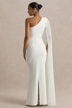 White Asymmetric Cape Sleeve Maxi Dress – Glamorous Wedding Guest Evening Gown