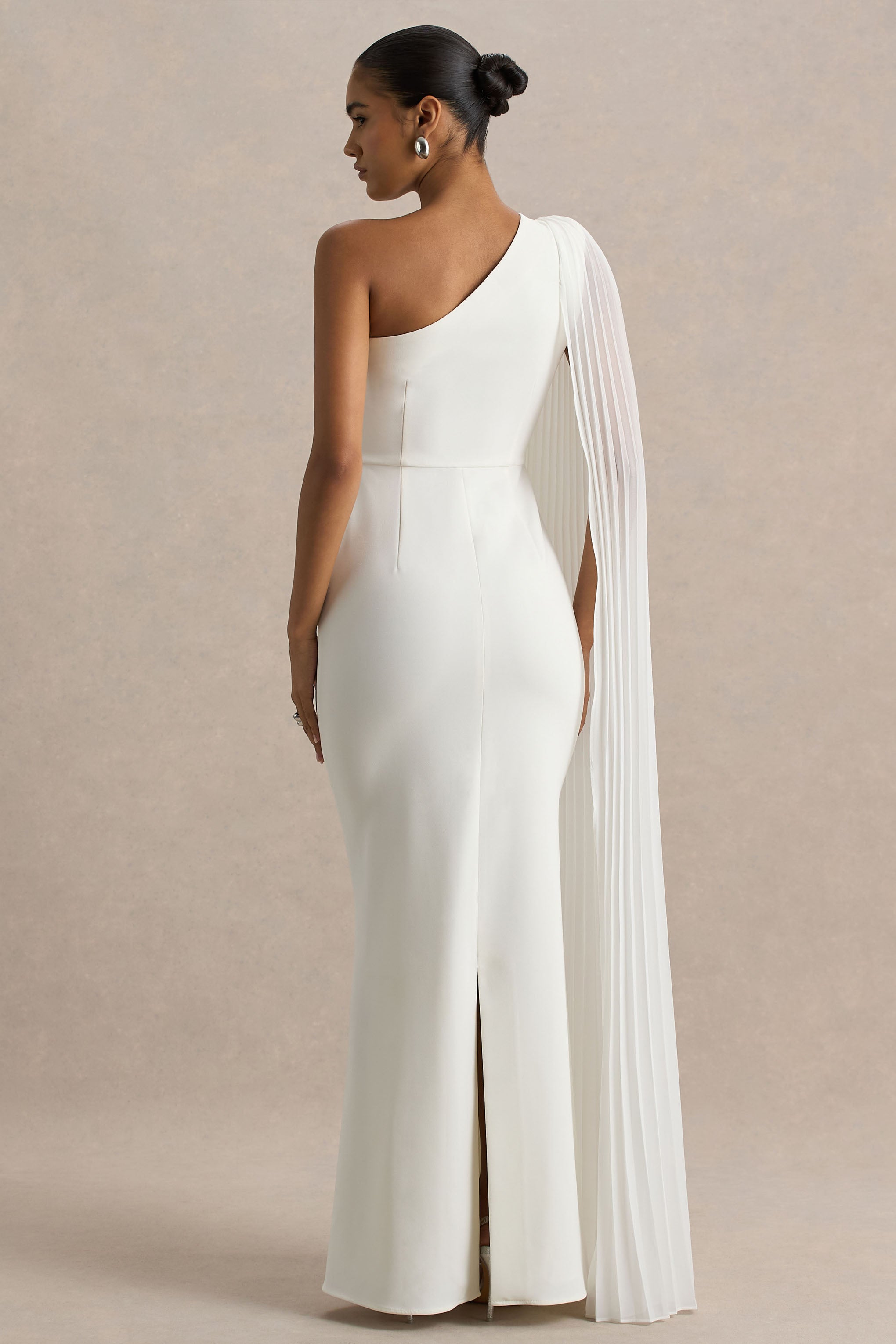 White Asymmetric Cape Sleeve Maxi Dress – Glamorous Wedding Guest Evening Gown