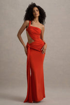Orange Asymmetric Neckline Wrap Skirt Maxi Dress – Luxury Holiday Evening Gown