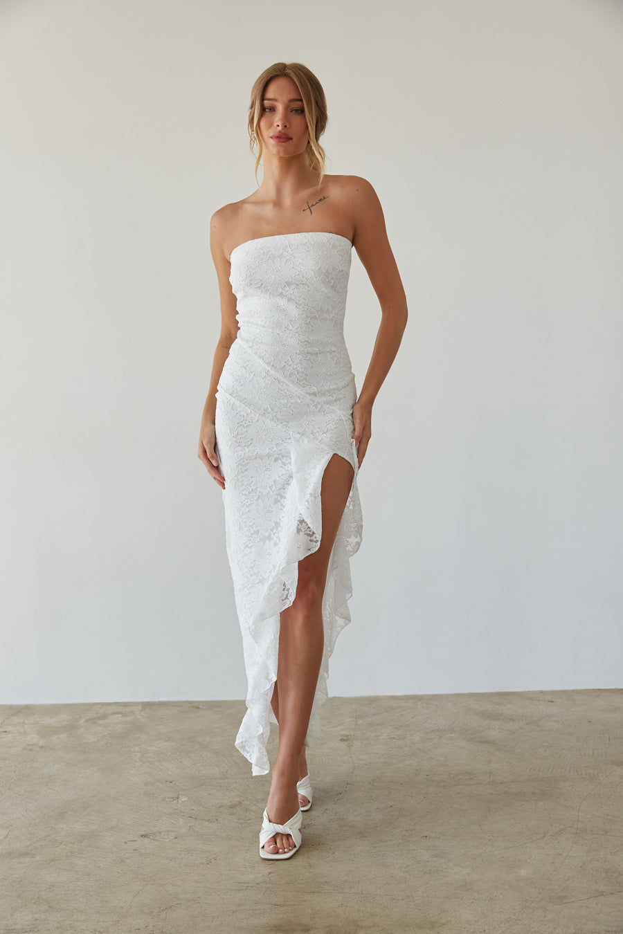 Lace Ruffle Trim High Slit Straight Neck Maxi Dress – Elegant Bridesmaid Wedding Guest Gown