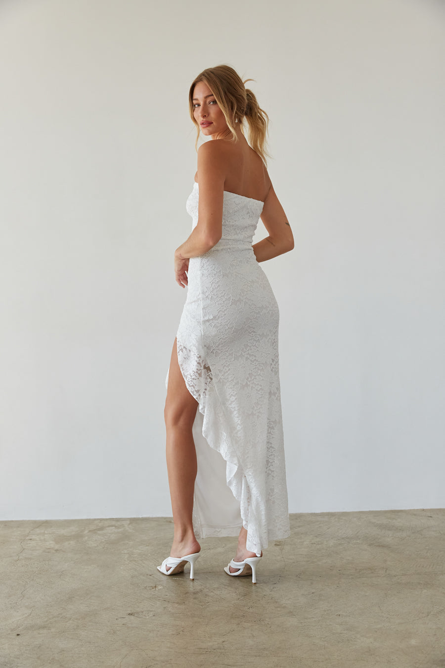 Lace Ruffle Trim High Slit Straight Neck Maxi Dress – Elegant Bridesmaid Wedding Guest Gown