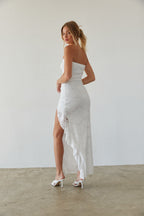 Lace Ruffle Trim High Slit Straight Neck Maxi Dress – Elegant Bridesmaid Wedding Guest Gown