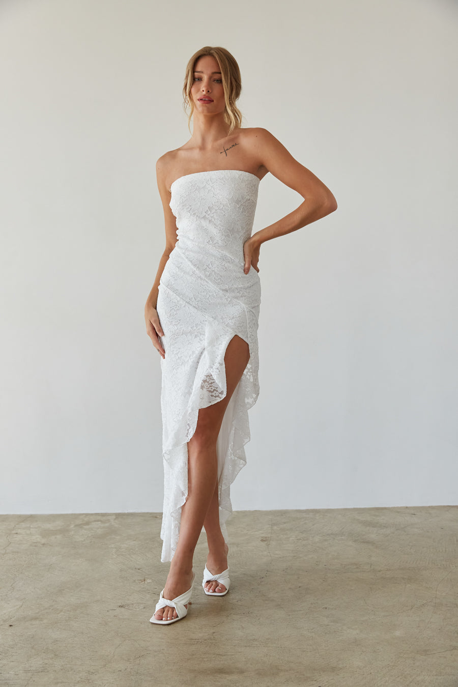 Lace Ruffle Trim High Slit Straight Neck Maxi Dress – Elegant Bridesmaid Wedding Guest Gown