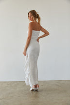 Lace Ruffle Trim High Slit Straight Neck Maxi Dress – Elegant Bridesmaid Wedding Guest Gown